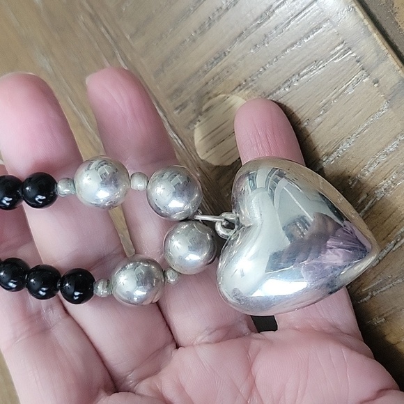 Silver Heart Pendant Necklace with black glass and metal beads within necklace - Picture 5 of 5